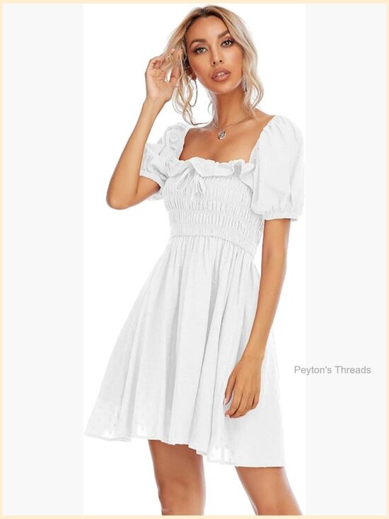 Dresses & Skirts - Women's Square Neck Smocked Swing Mini Dress - Short Sleeve Floral Print